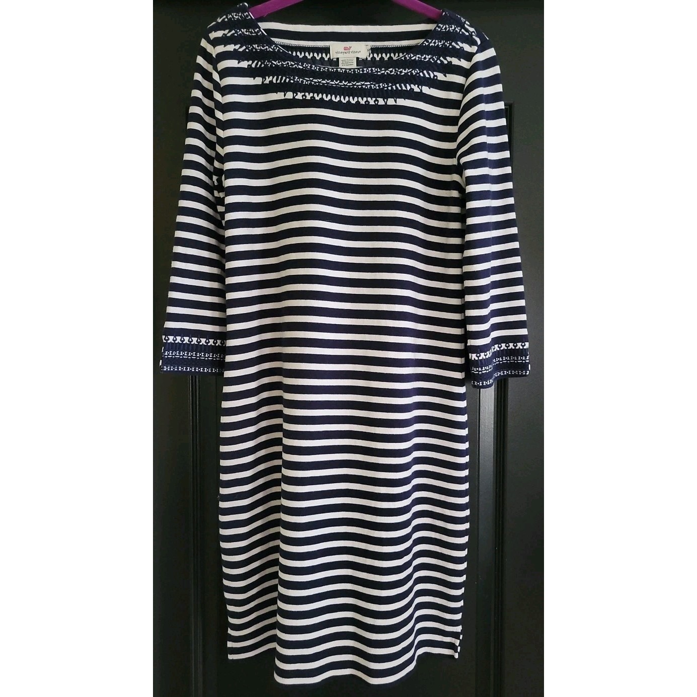 Vineyard Vines Dress Womens Medium Blue White Striped 3/4 Sleeve Cotton